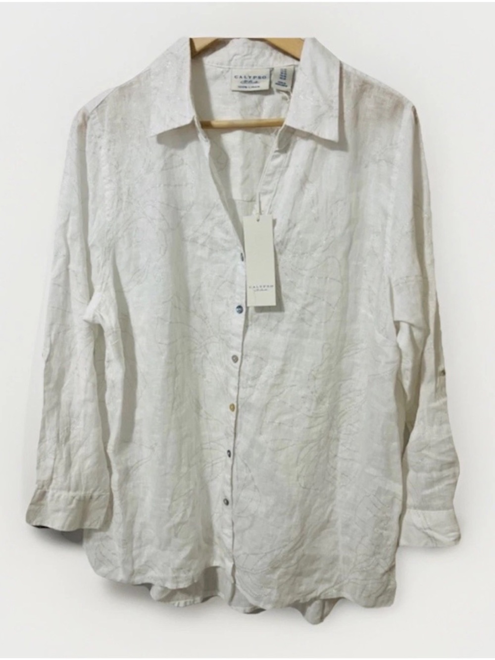 Calypso St Barth Linen Button Up Top Womens Sz 1X White Silver Metallic Floral